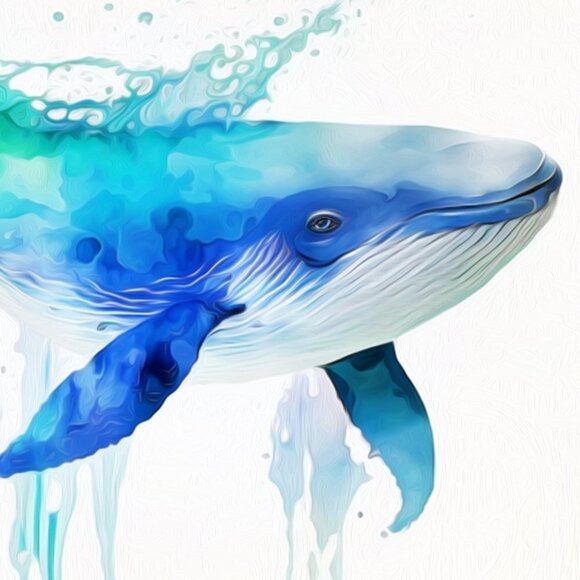 Blue Whale Watercolor Oil Painting Wall Art Print - Picture 2 of 7